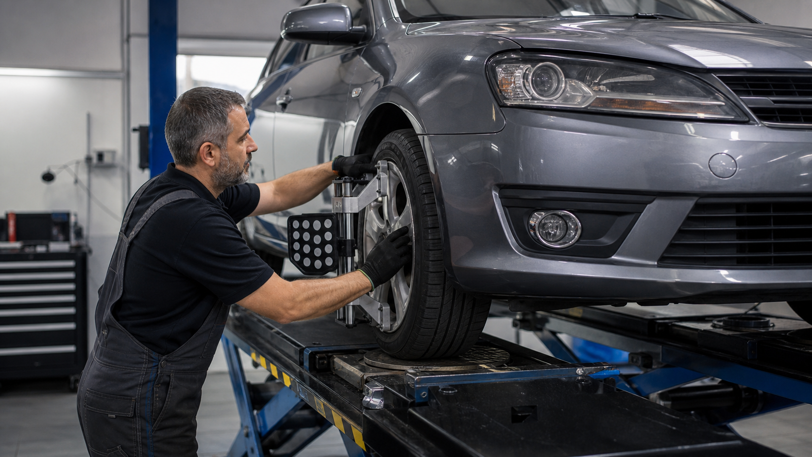 Auto zieht nach links oder rechts: Mechaniker prüft Reifen, Fahrwerk und Spur