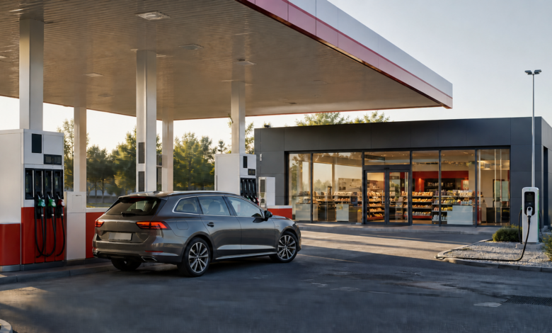 Moderne Tankstelle mit Zapfsäulen, Shop und E-Ladepunkt