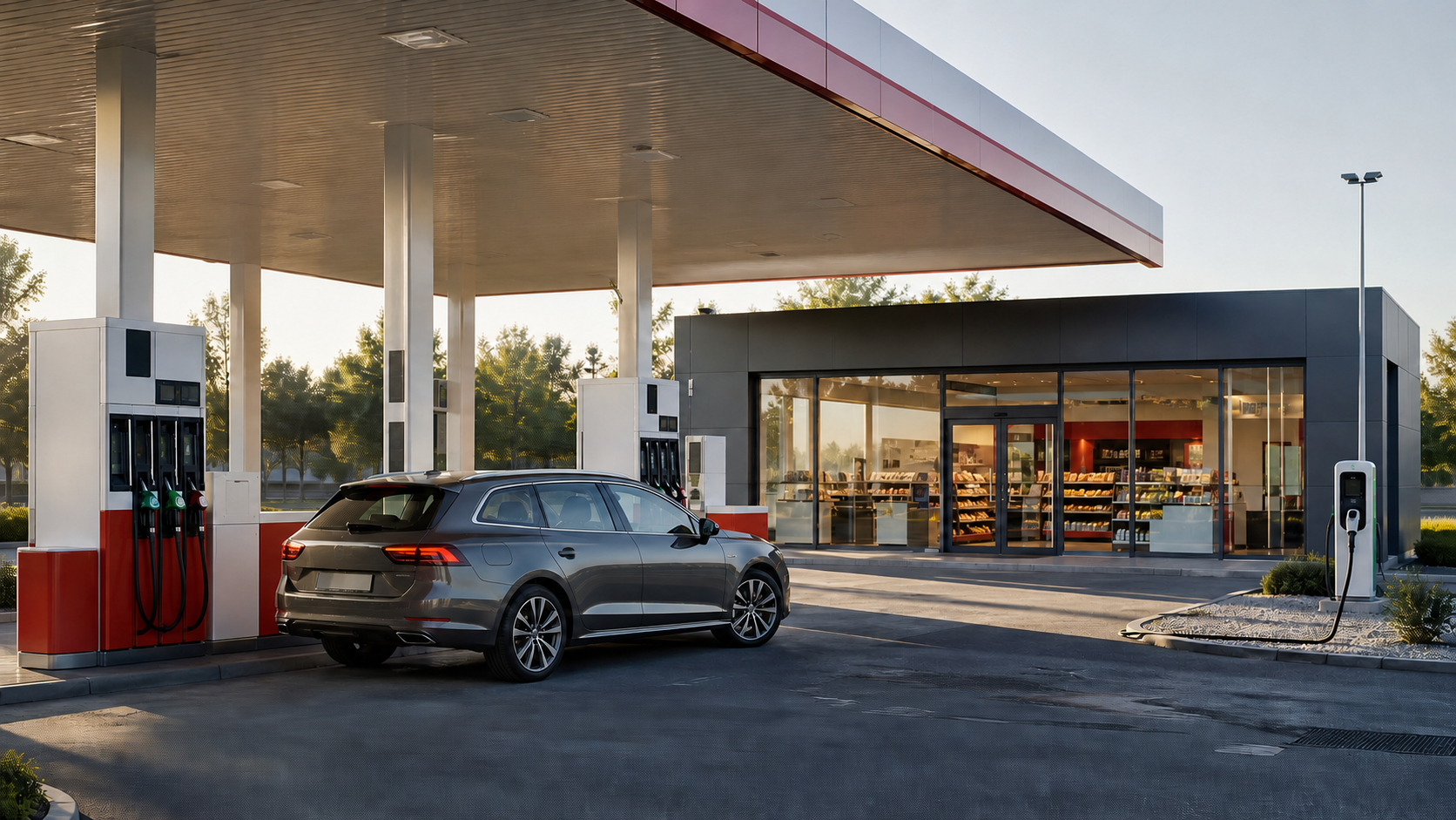 Moderne Tankstelle mit Zapfsäulen, Shop und E-Ladepunkt