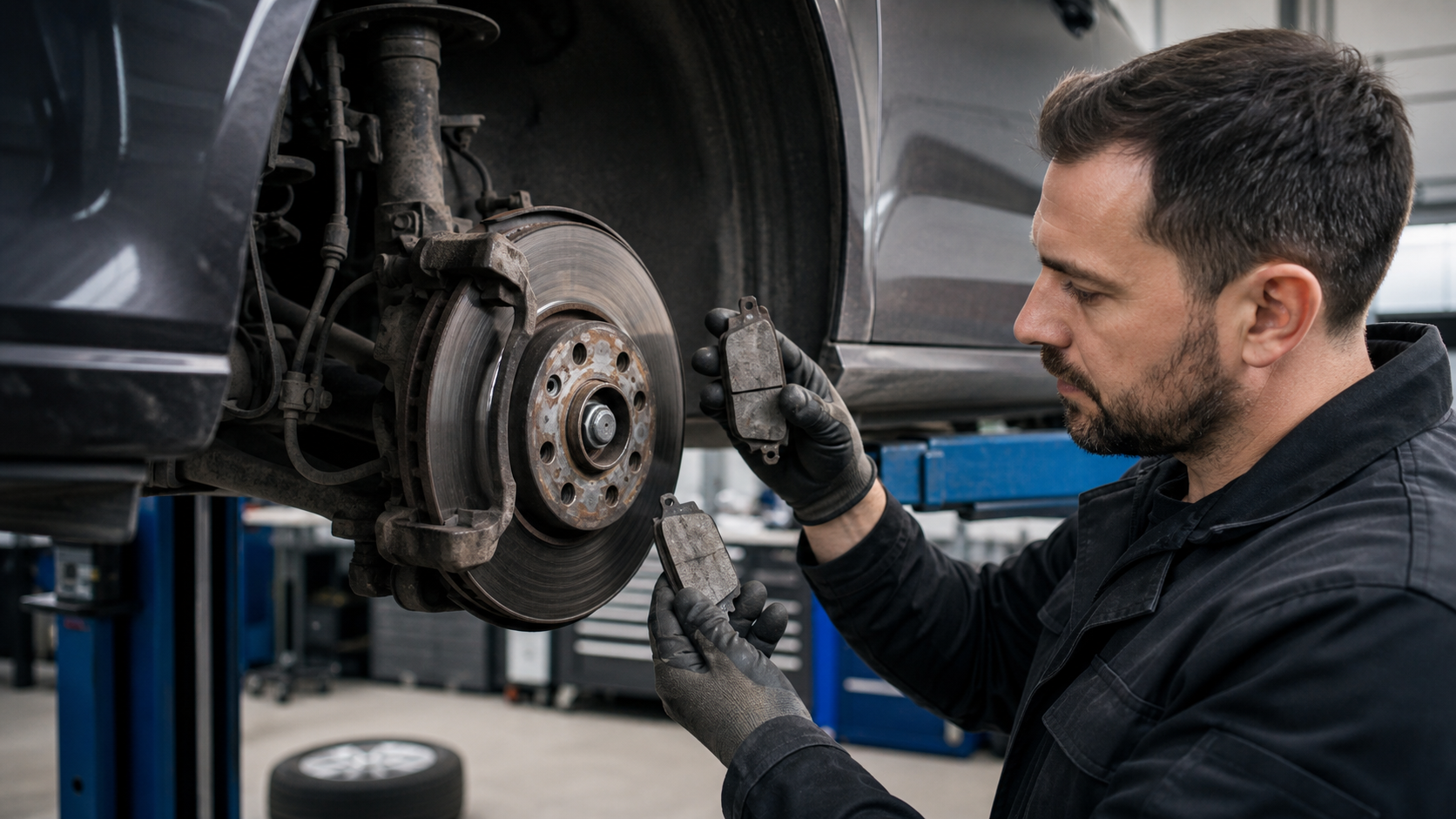 Mechaniker kontrolliert Bremsbeläge und Bremsscheibe