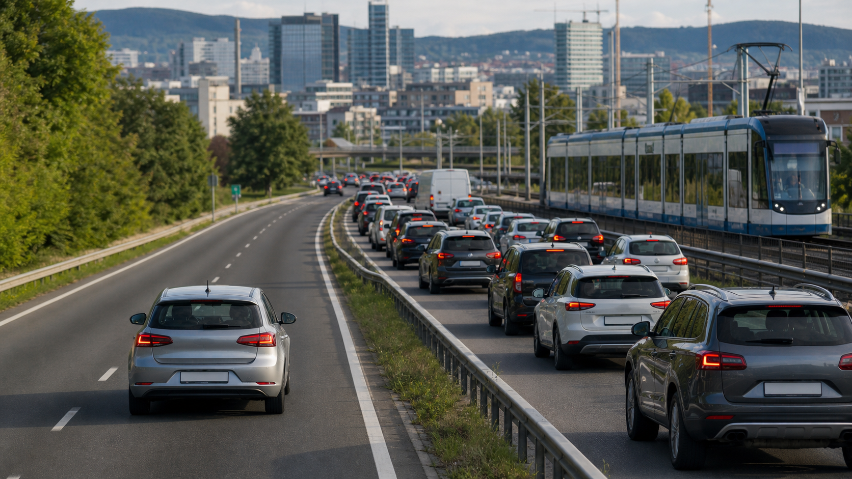 Verkehrsszene als Symbol für den Rebound-Effekt im Verkehr