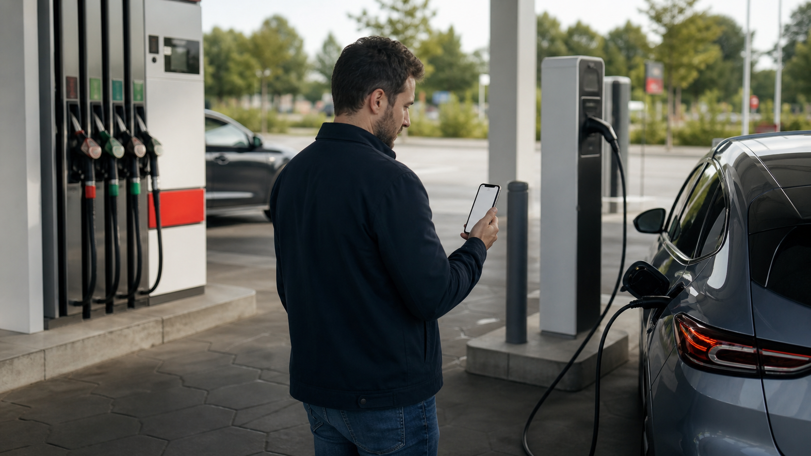 Autofahrer vergleicht an einer Tankstelle Kraftstoff- und Ladekosten am Smartphone