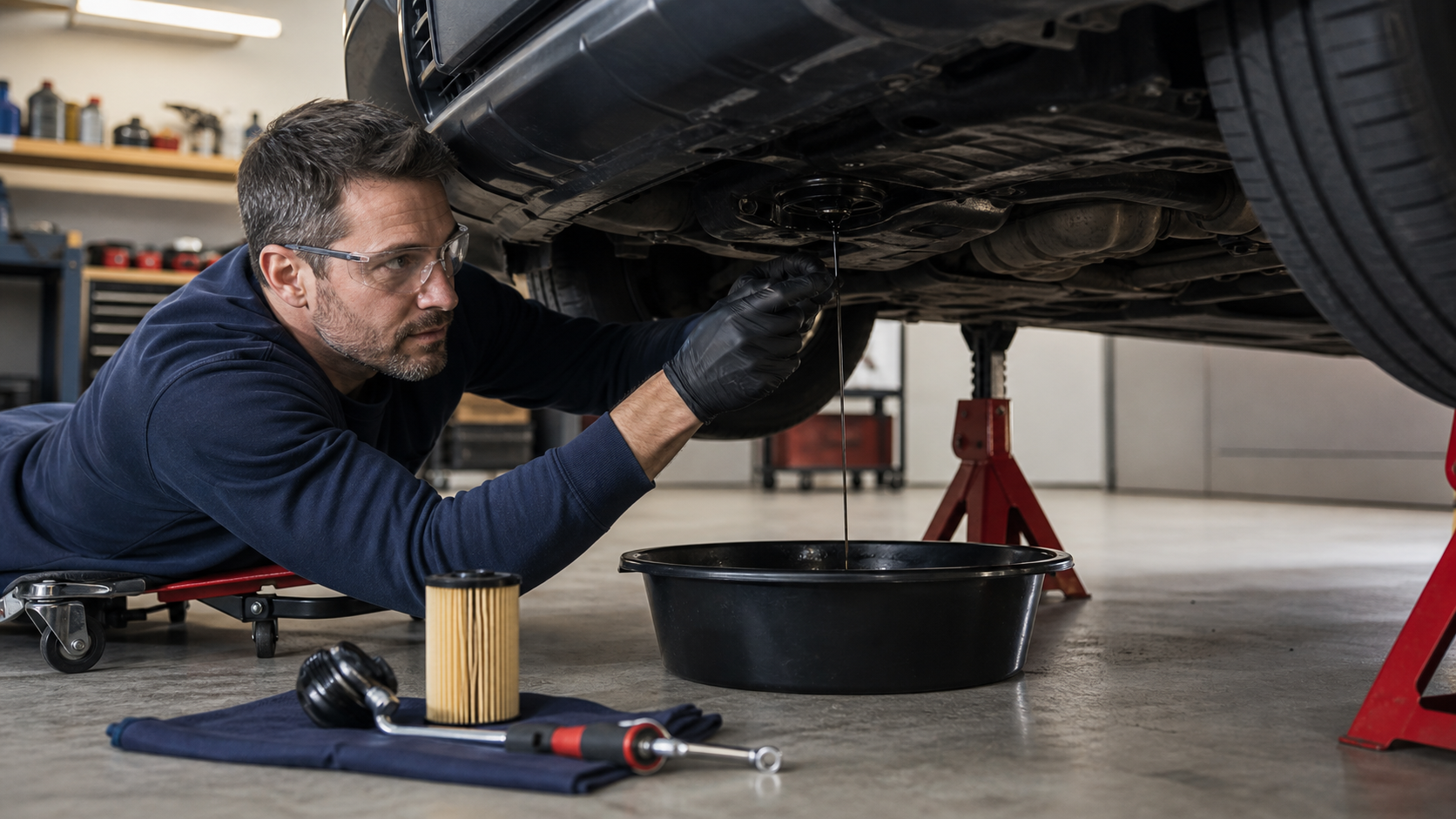 Sicherer Ölwechsel am Auto in einer Garage