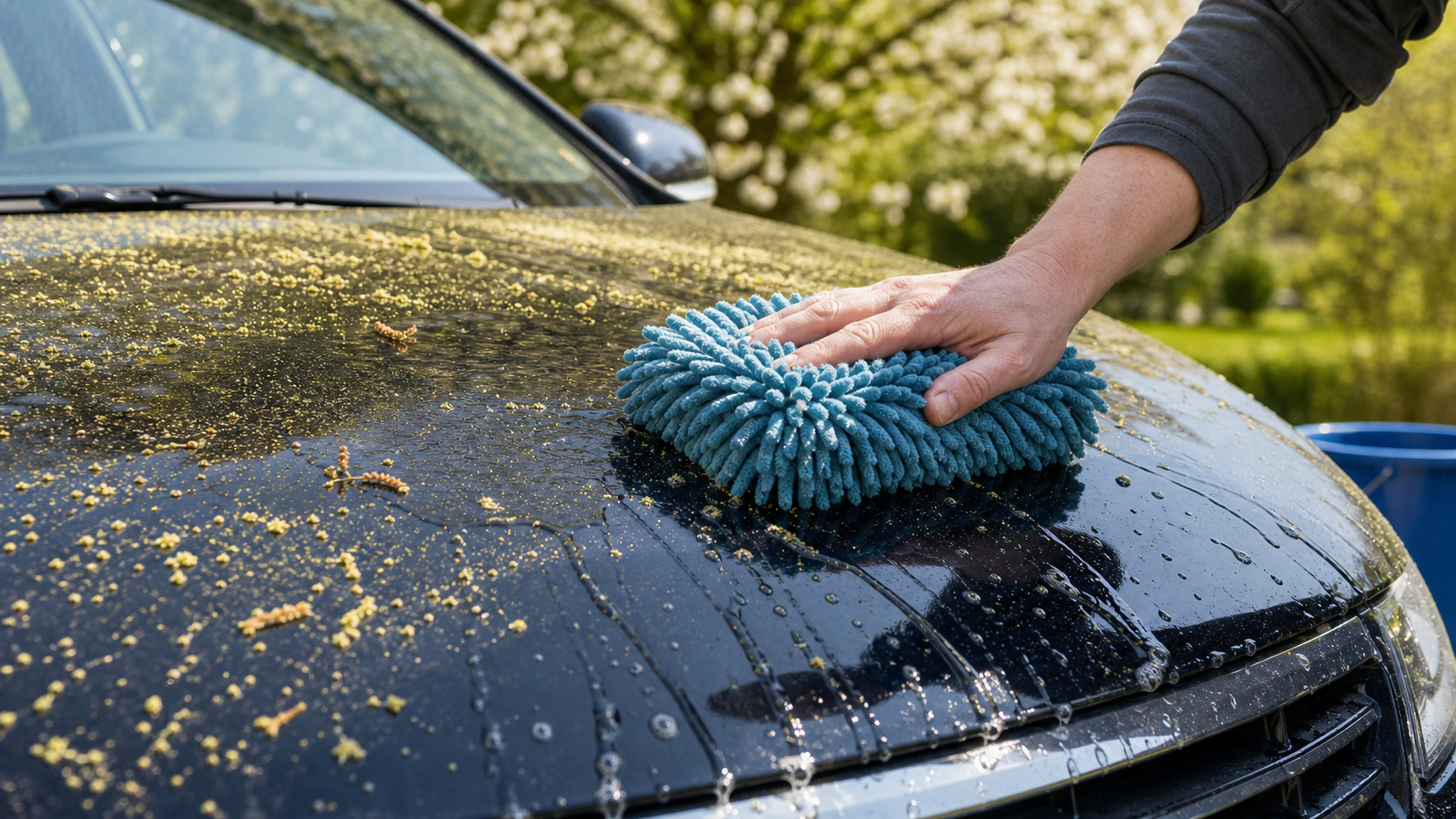 Pollen werden schonend mit Mikrofaserhandschuh vom Autolack entfernt