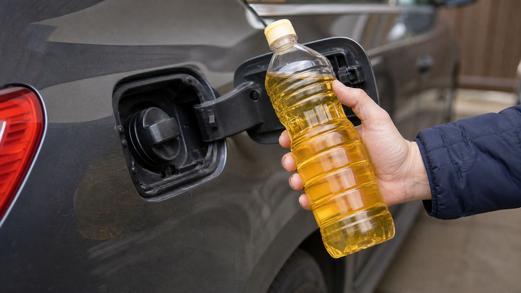 Speiseölflasche neben Diesel-Tankstutzen als Warnhinweis