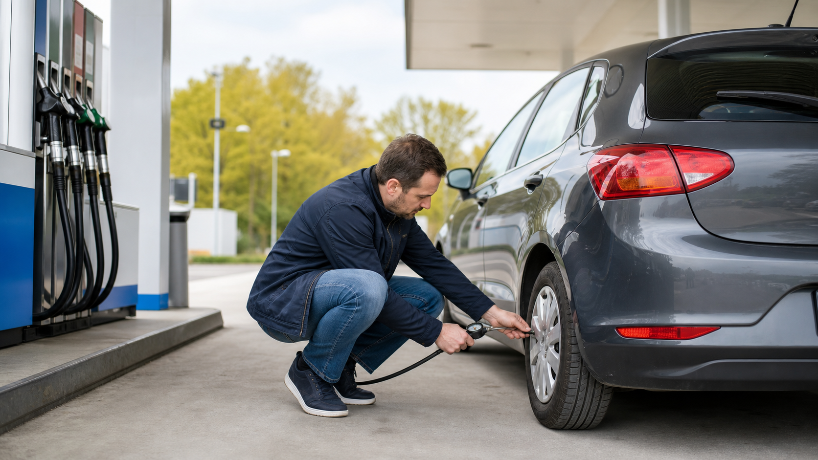 Autofahrer prüft an einer Tankstelle den Reifendruck, um Kraftstoff zu sparen