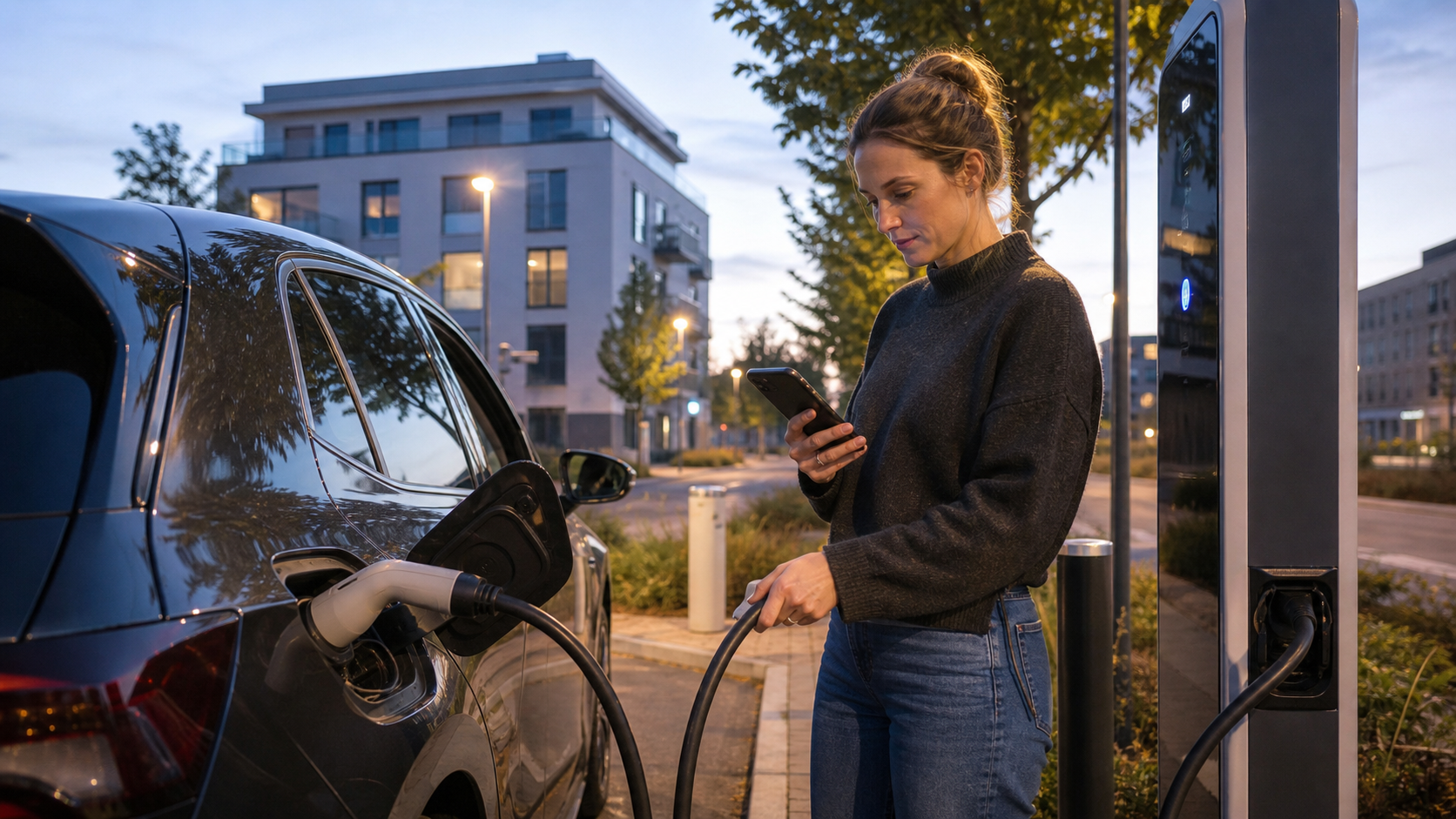 Fahrerin lädt ein Elektroauto an einer öffentlichen Ladesäule und prüft den Ladevorgang am Smartphone