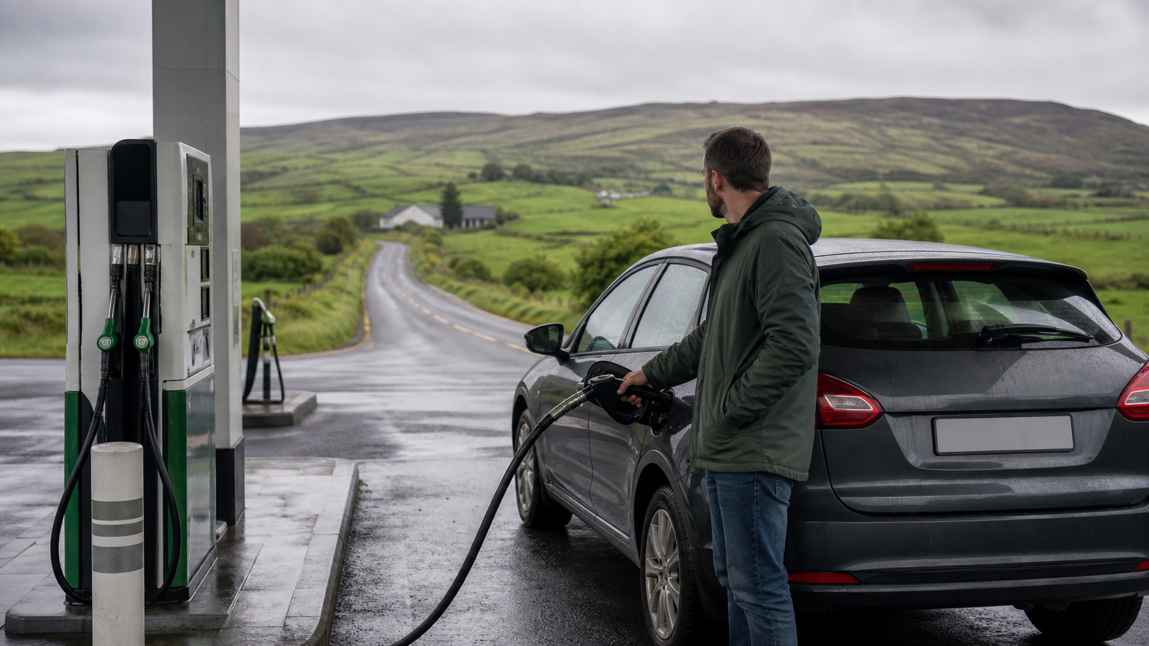 Mietwagen an einer Tankstelle in Irland