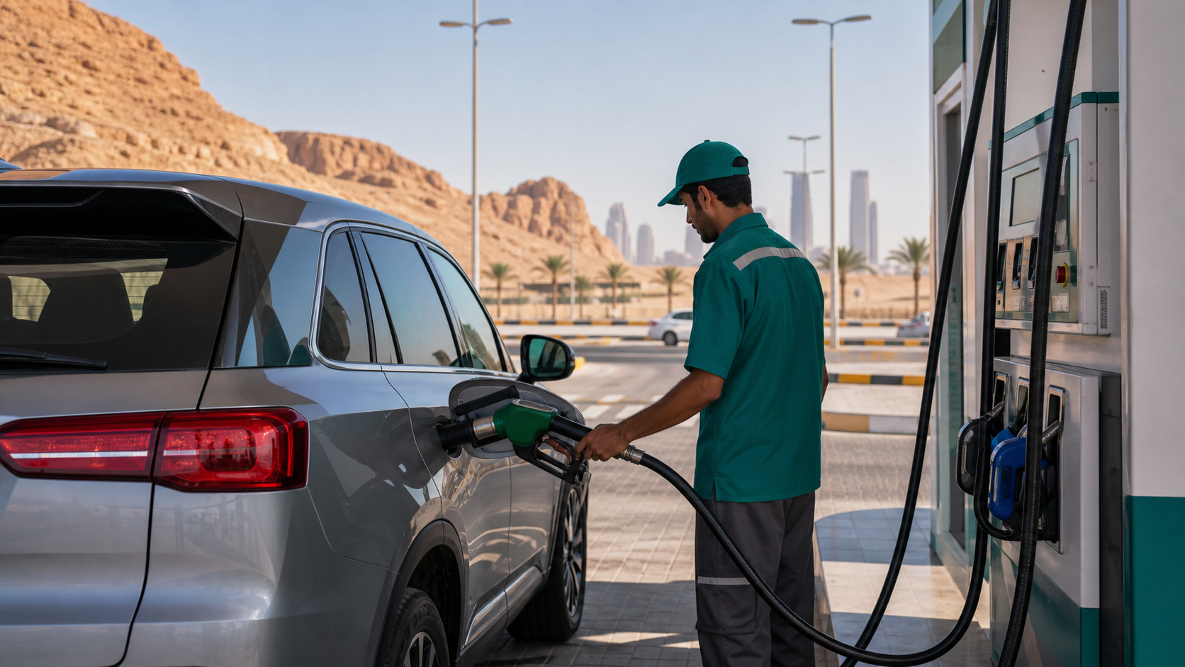 Auto wird an einer Tankstelle in Saudi-Arabien betankt