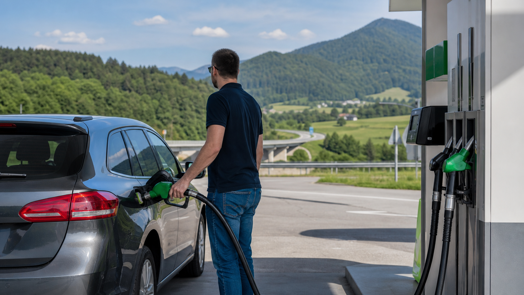 Auto an einer Tankstelle in Slowenien auf der Durchreise