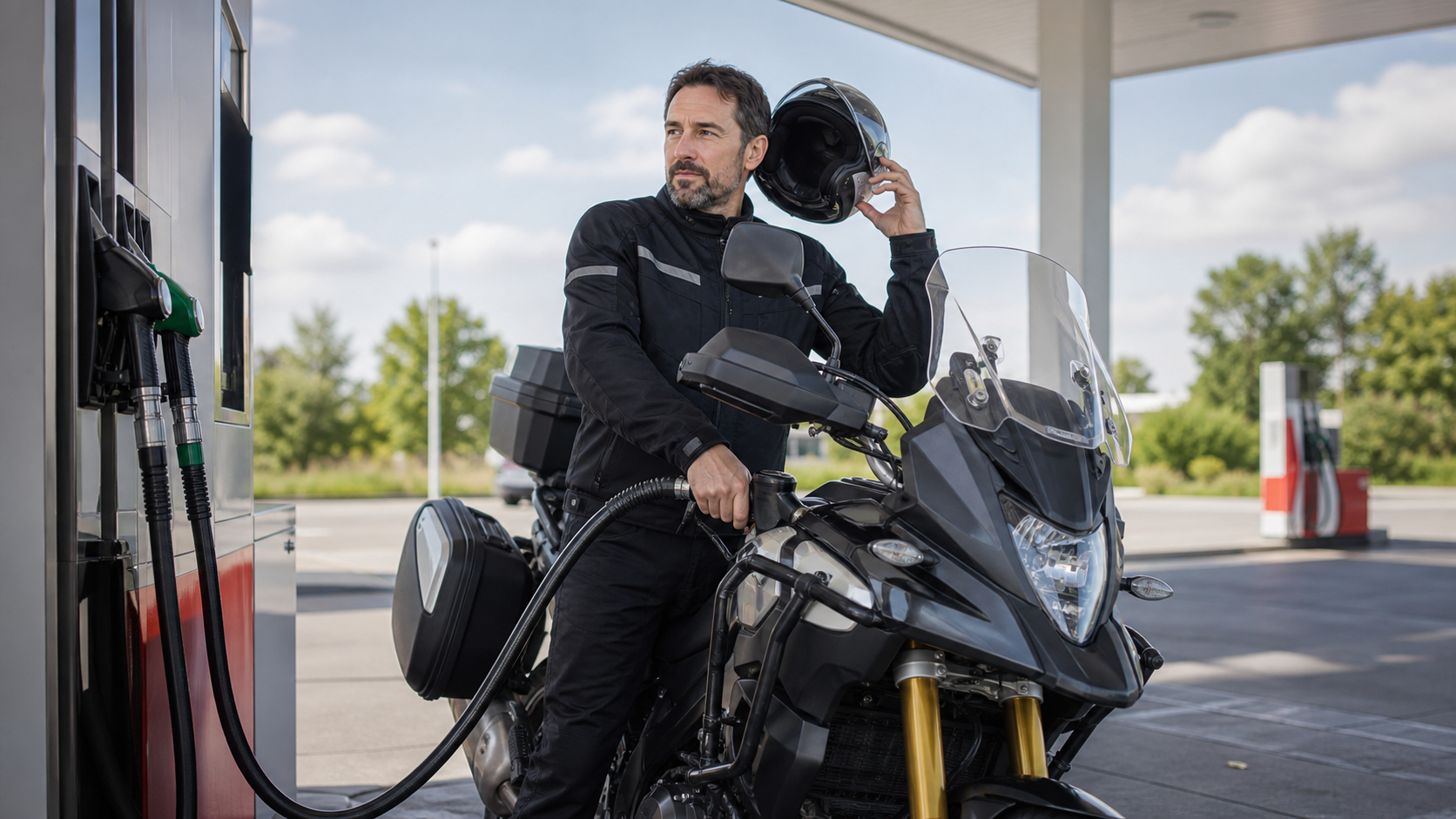 Motorradfahrer tankt sicher an einer Tankstelle