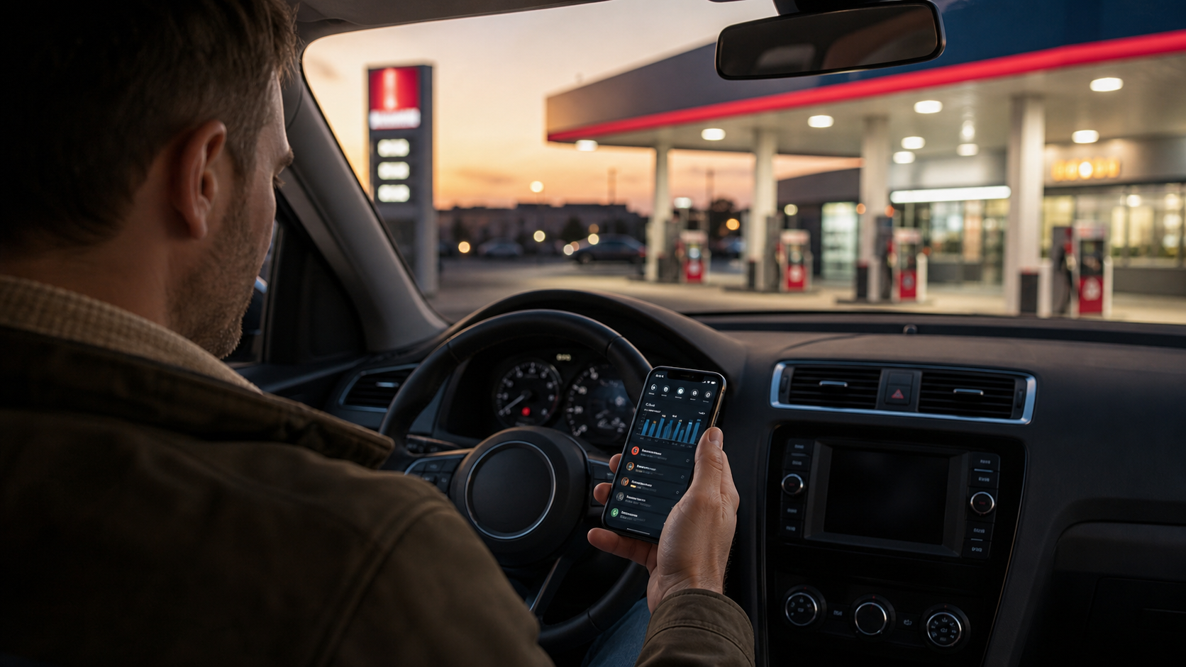 Autofahrer prüft günstige Tankzeiten am Abend