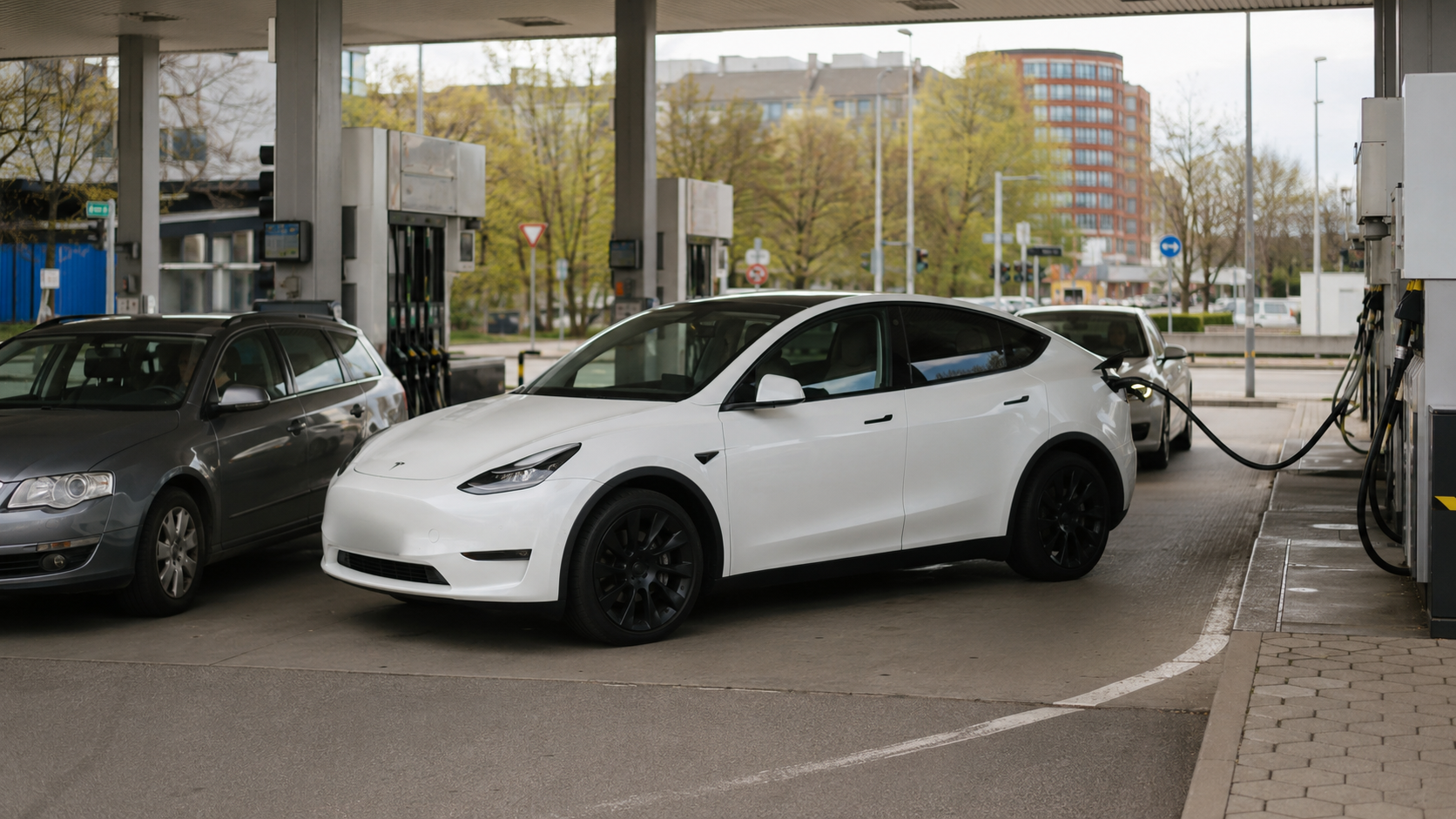 E Auto die Tankstelle blockiert