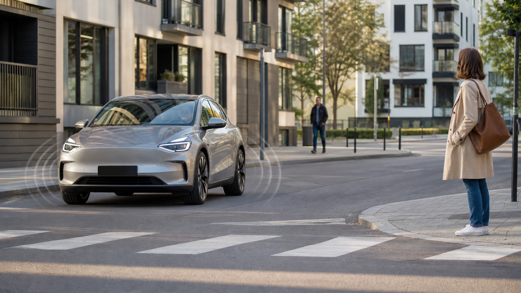 Elektroauto mit AVAS Warngeräusch an einem Fußgängerüberweg [Bildinhalt mit KI erstellt]