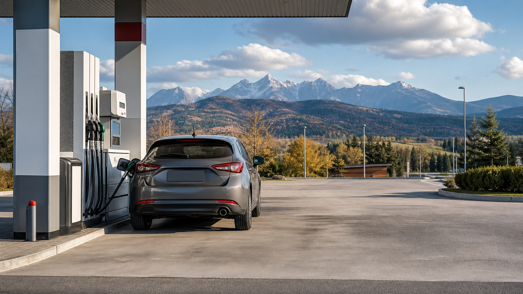 Auto an einer Tankstelle in der Slowakei mit Bergkulisse [Bildinhalt mit KI erstellt]