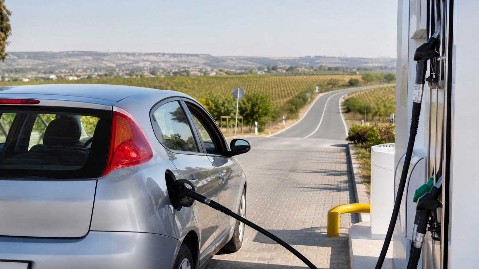 Auto beim Tanken in Moldawien an einer Landstraße