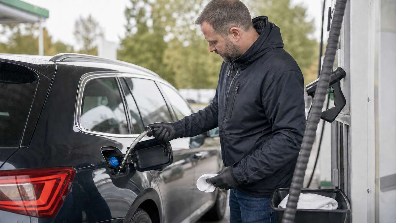 Autofahrer füllt AdBlue an einem Diesel-Pkw nach