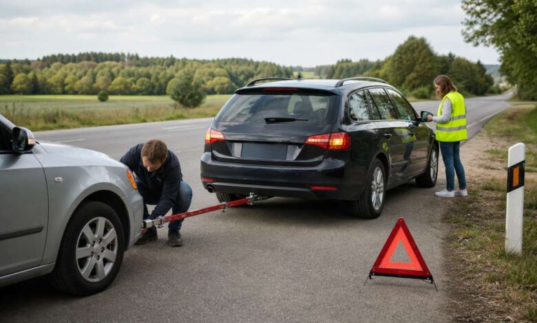 Zwei Autos sind bei einer Panne mit einer roten Abschleppstange verbunden