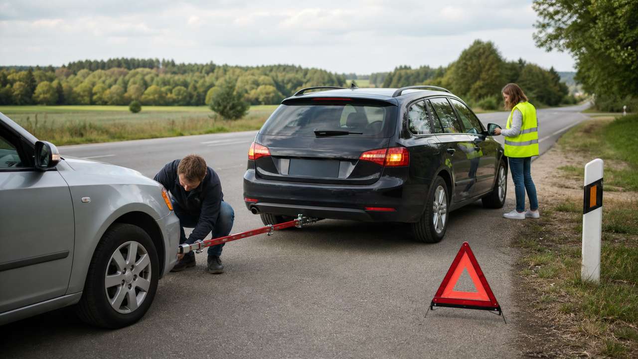 Zwei Autos sind bei einer Panne mit einer roten Abschleppstange verbunden