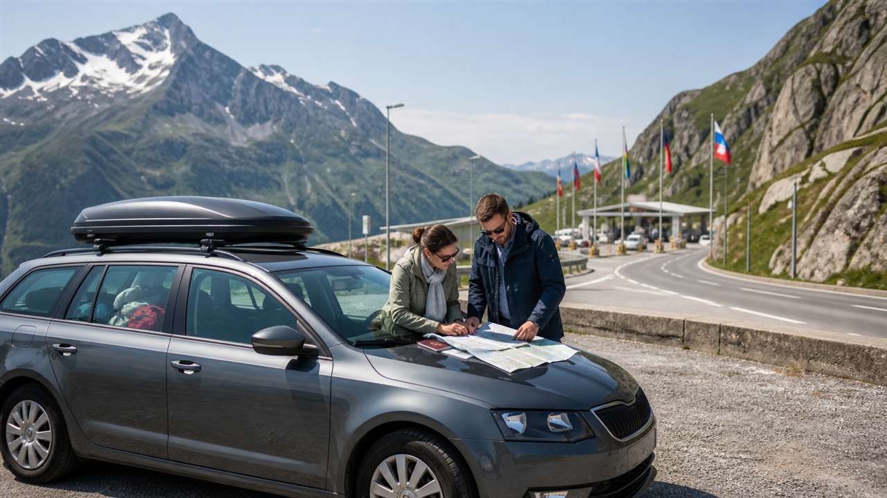 Reisende planen eine Auslandsfahrt mit dem Auto an einem Alpenpass