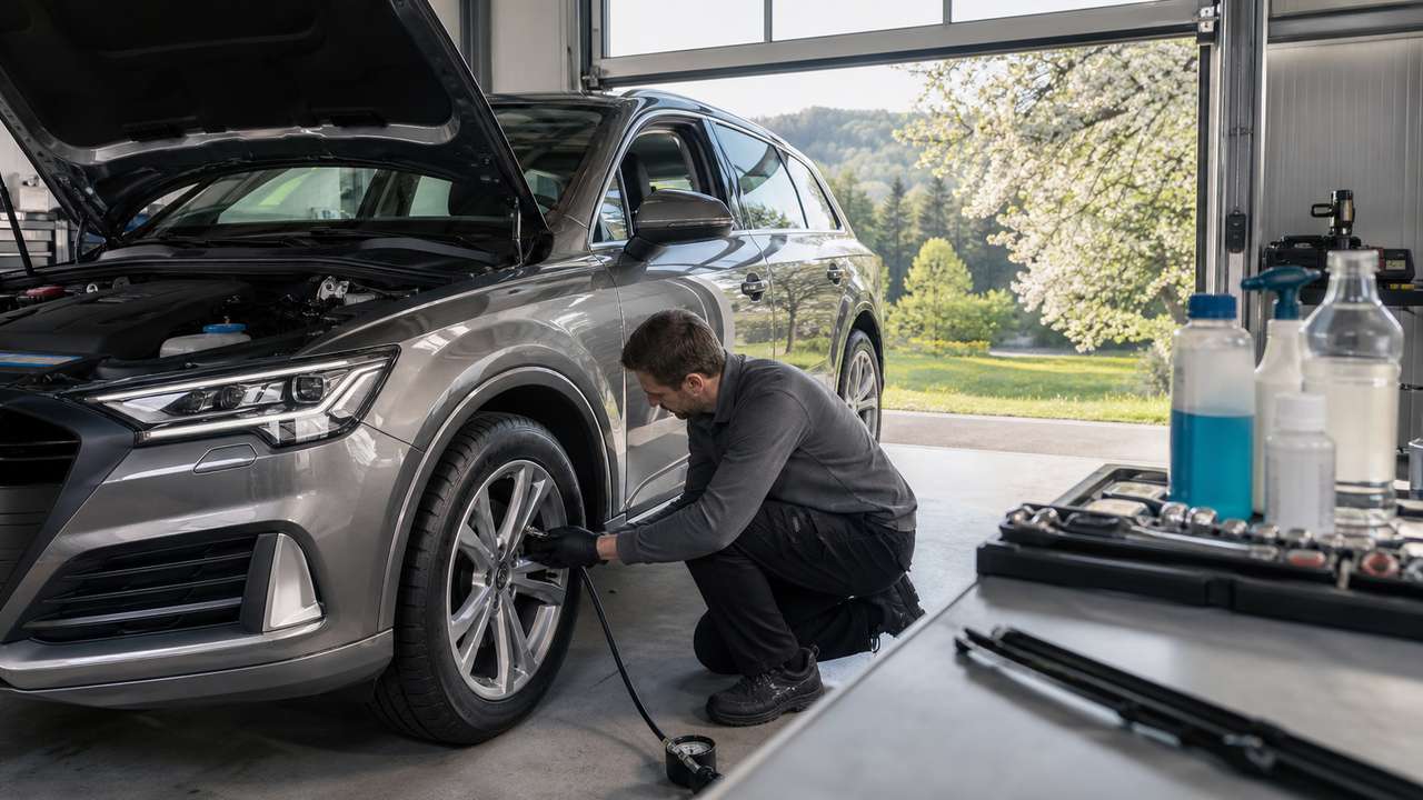 Mechaniker prüft beim Frühjahrscheck Reifen und Luftdruck