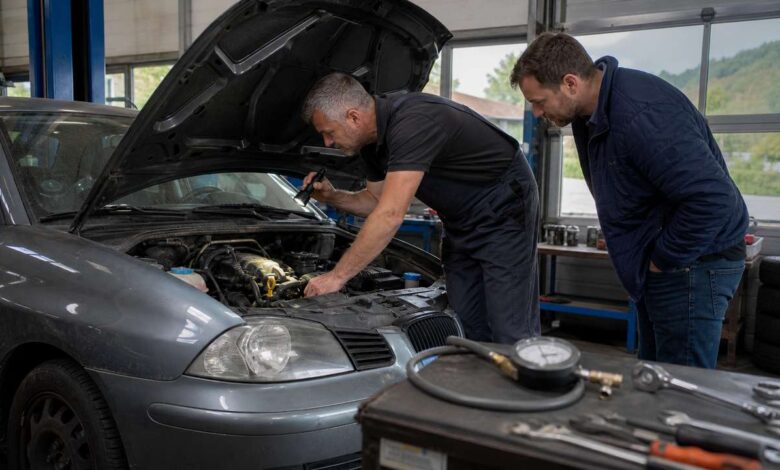 Mechaniker prüft ein älteres Auto in der Werkstatt