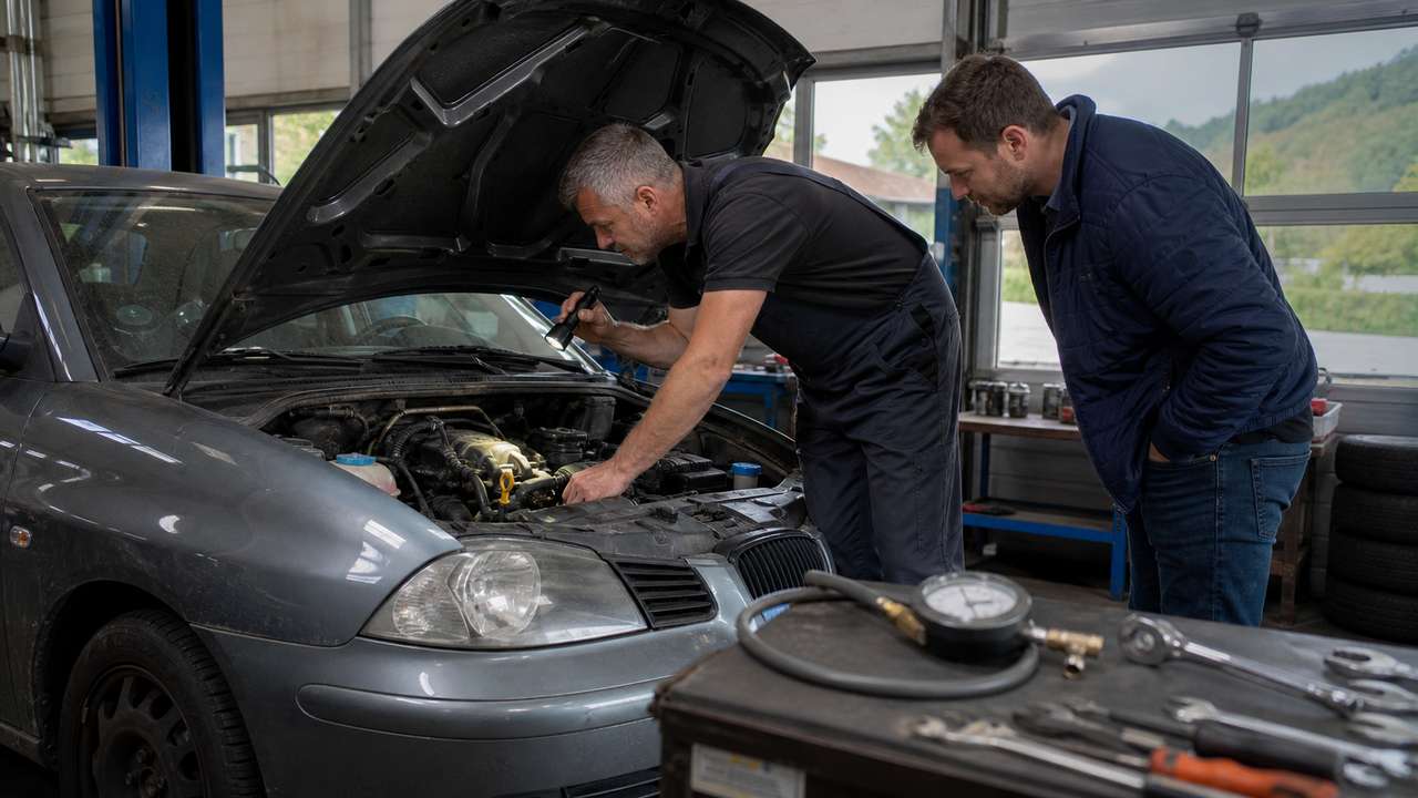 Mechaniker prüft ein älteres Auto in der Werkstatt