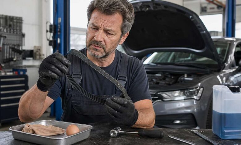 Mechaniker prüft einen beschädigten Keilrippenriemen