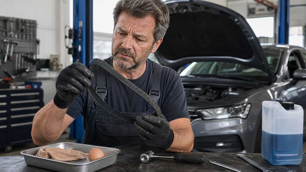 Mechaniker prüft einen beschädigten Keilrippenriemen