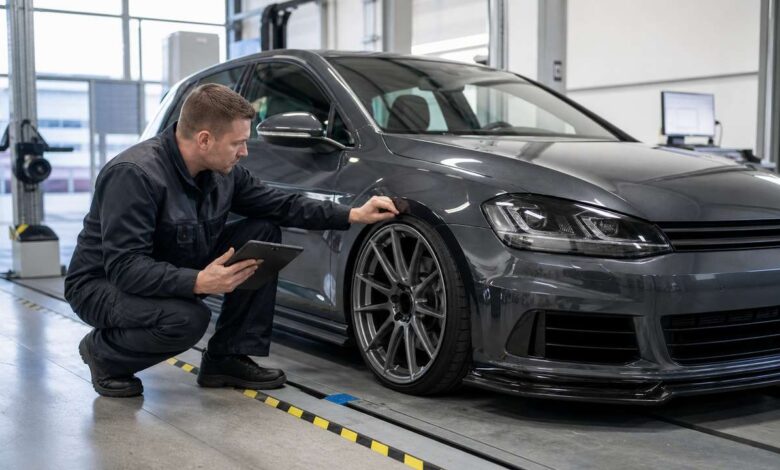 Prüfingenieur kontrolliert Felgen, Fahrwerk und Freigängigkeit eines getunten Autos