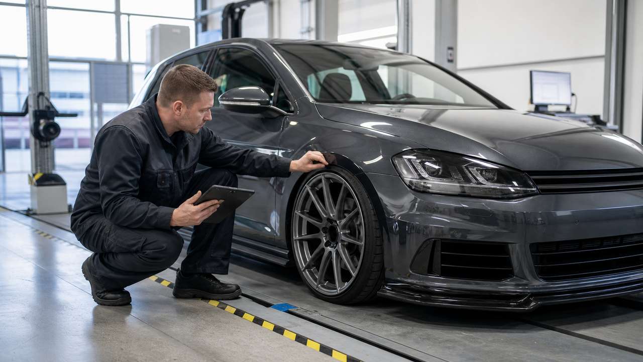 Prüfingenieur kontrolliert Felgen, Fahrwerk und Freigängigkeit eines getunten Autos