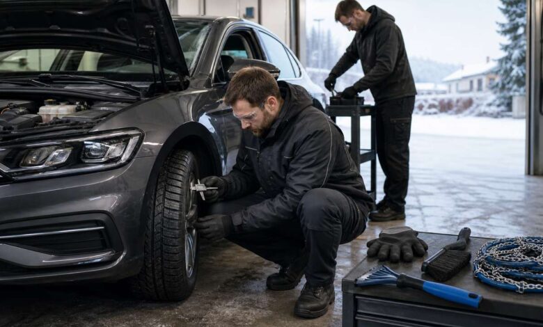 Mechaniker prüft Winterreifen beim Wintercheck eines Autos