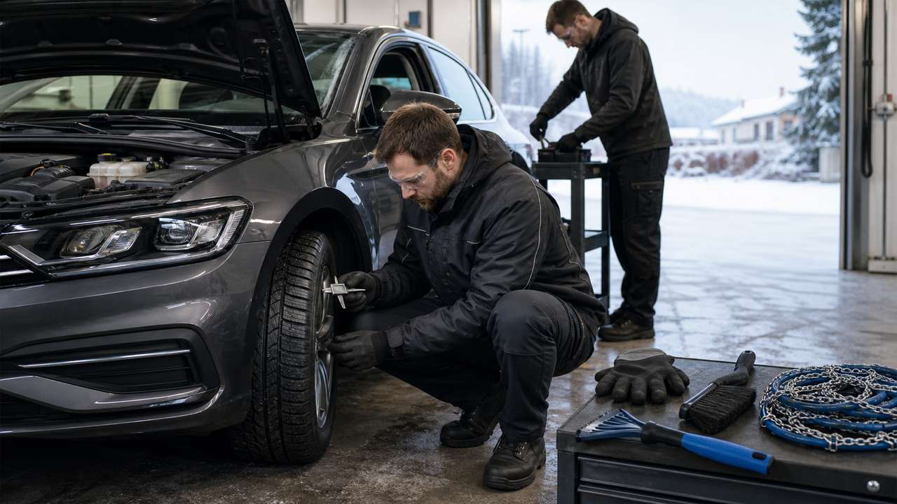 Mechaniker prüft Winterreifen beim Wintercheck eines Autos