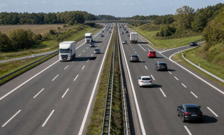 Deutsche Autobahn mit geordnetem Verkehr aus erhöhter Perspektive