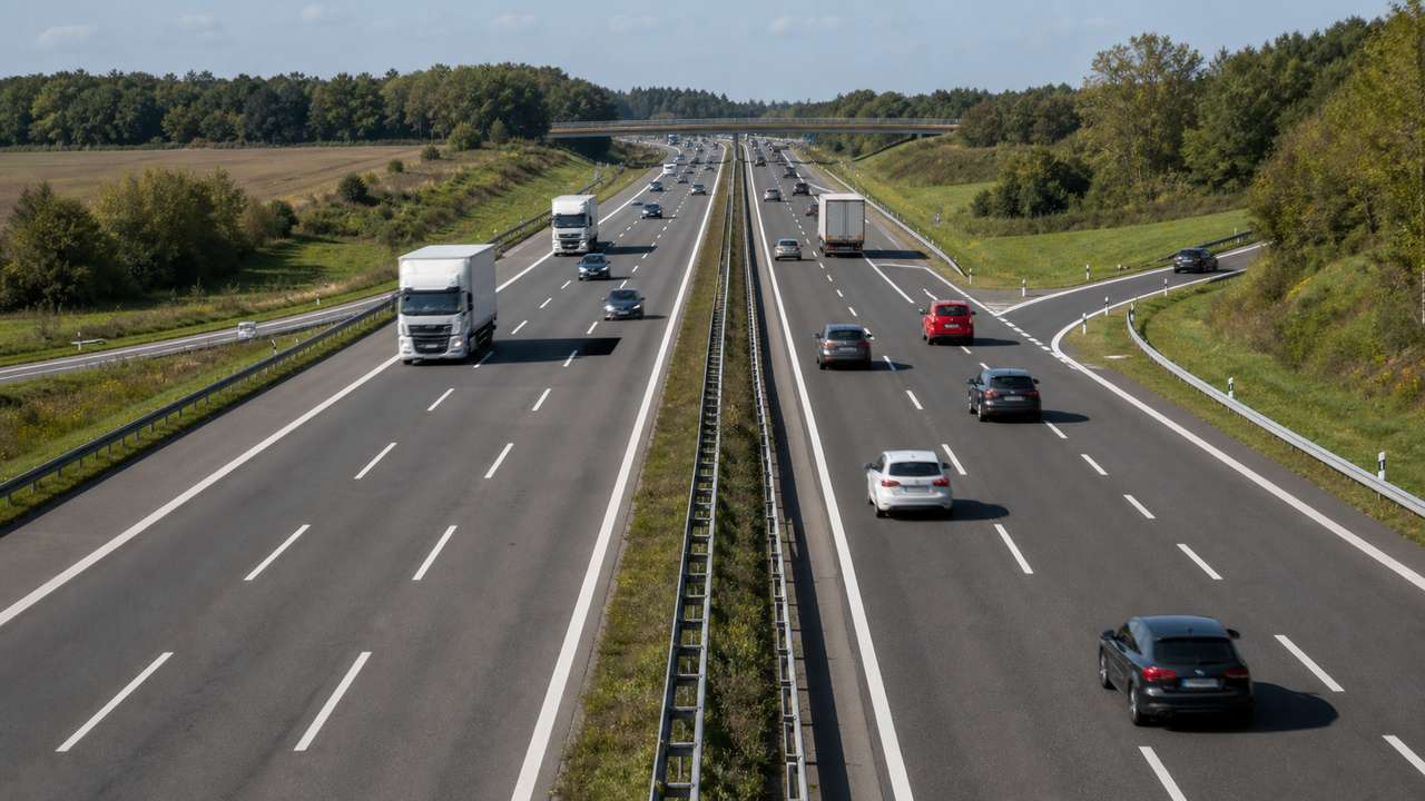 Deutsche Autobahn mit geordnetem Verkehr aus erhöhter Perspektive