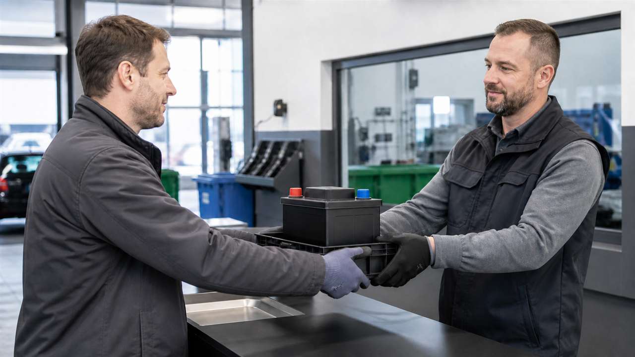 Alte Autobatterie wird sicher an einer Rücknahmestelle übergeben
