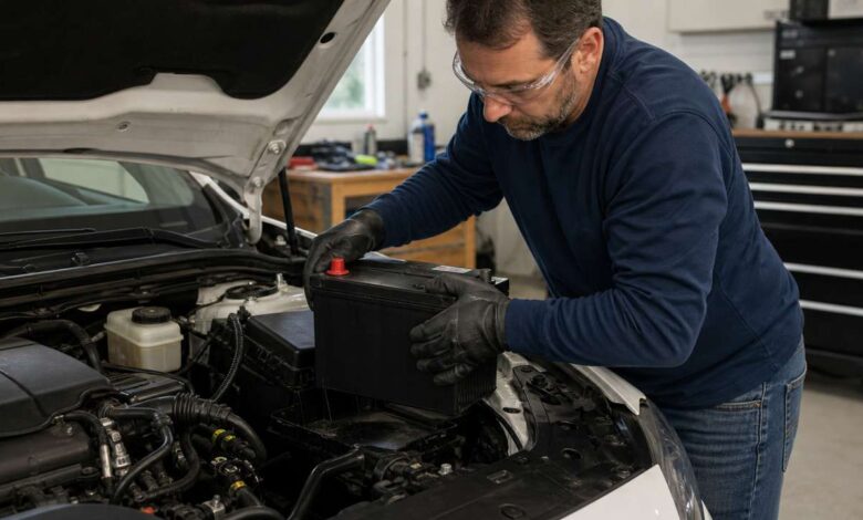 Mechaniker wechselt eine 12-Volt-Autobatterie mit Schutzbrille und Handschuhen