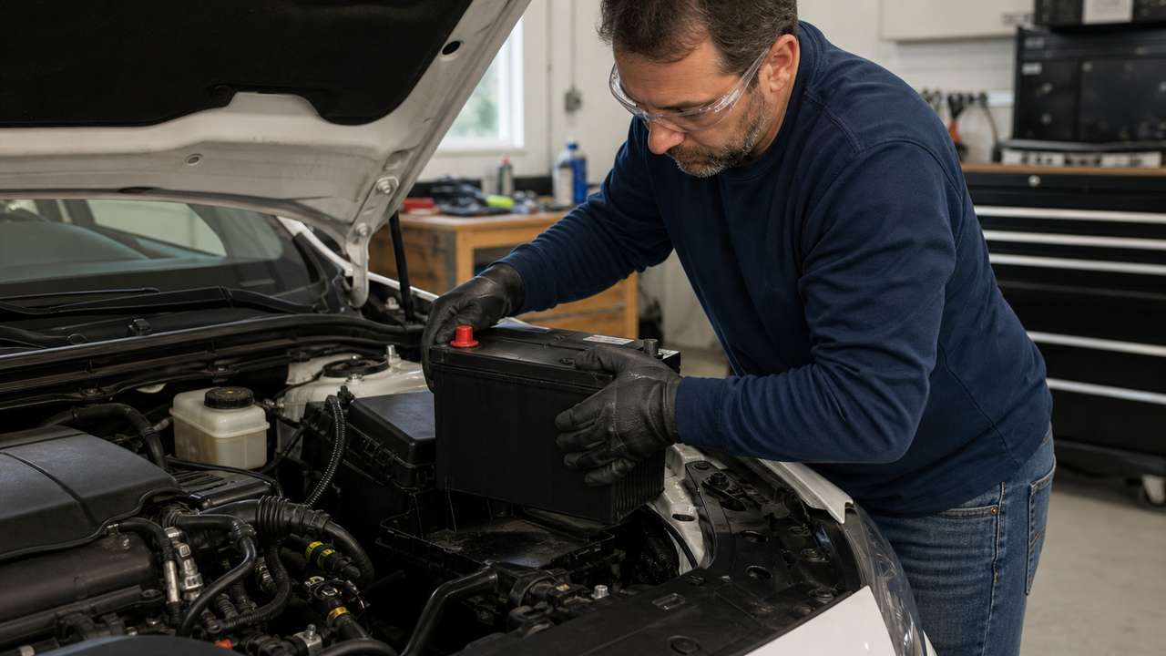 Mechaniker wechselt eine 12-Volt-Autobatterie mit Schutzbrille und Handschuhen