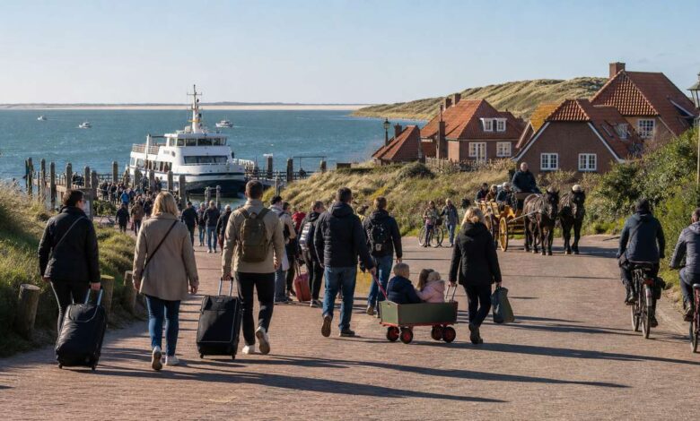 Autofreie Nordseeinsel mit Fähre, Fahrrädern und Pferdekutsche
