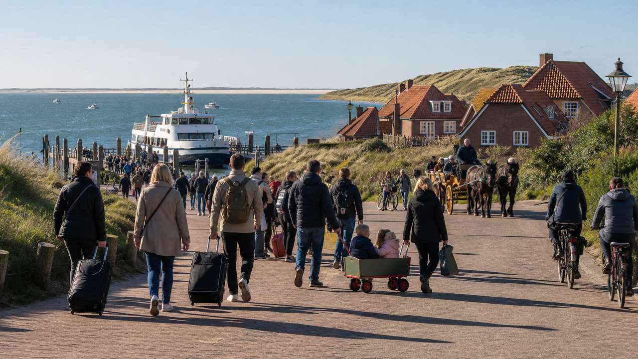 Autofreie Nordseeinsel mit Fähre, Fahrrädern und Pferdekutsche