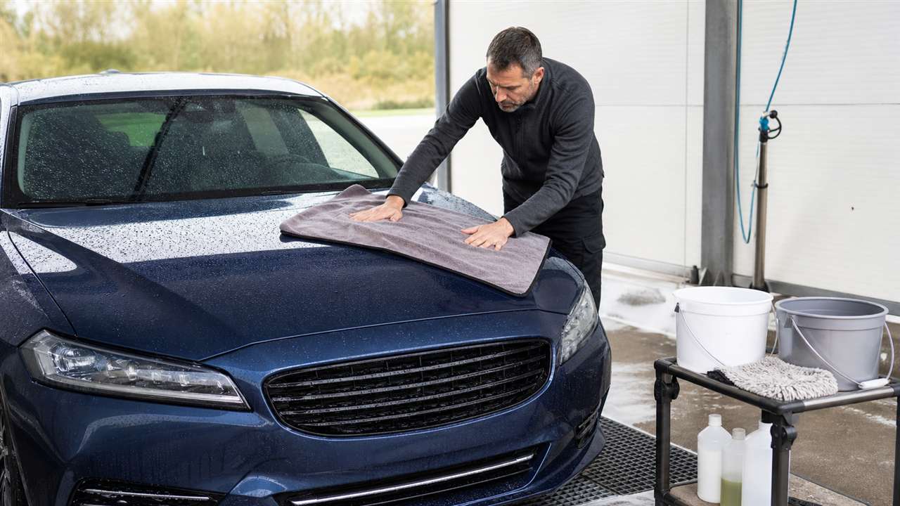 Fahrzeugpfleger trocknet den nassen Autolack auf einem professionellen Waschplatz