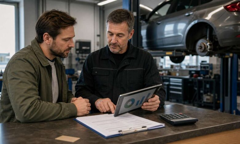 Kunde und Mechaniker prüfen Kosten einer Autoreparatur