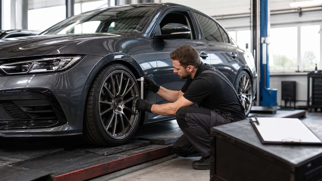 Kfz-Techniker prüft Radfreigängigkeit und Tieferlegung eines getunten Autos