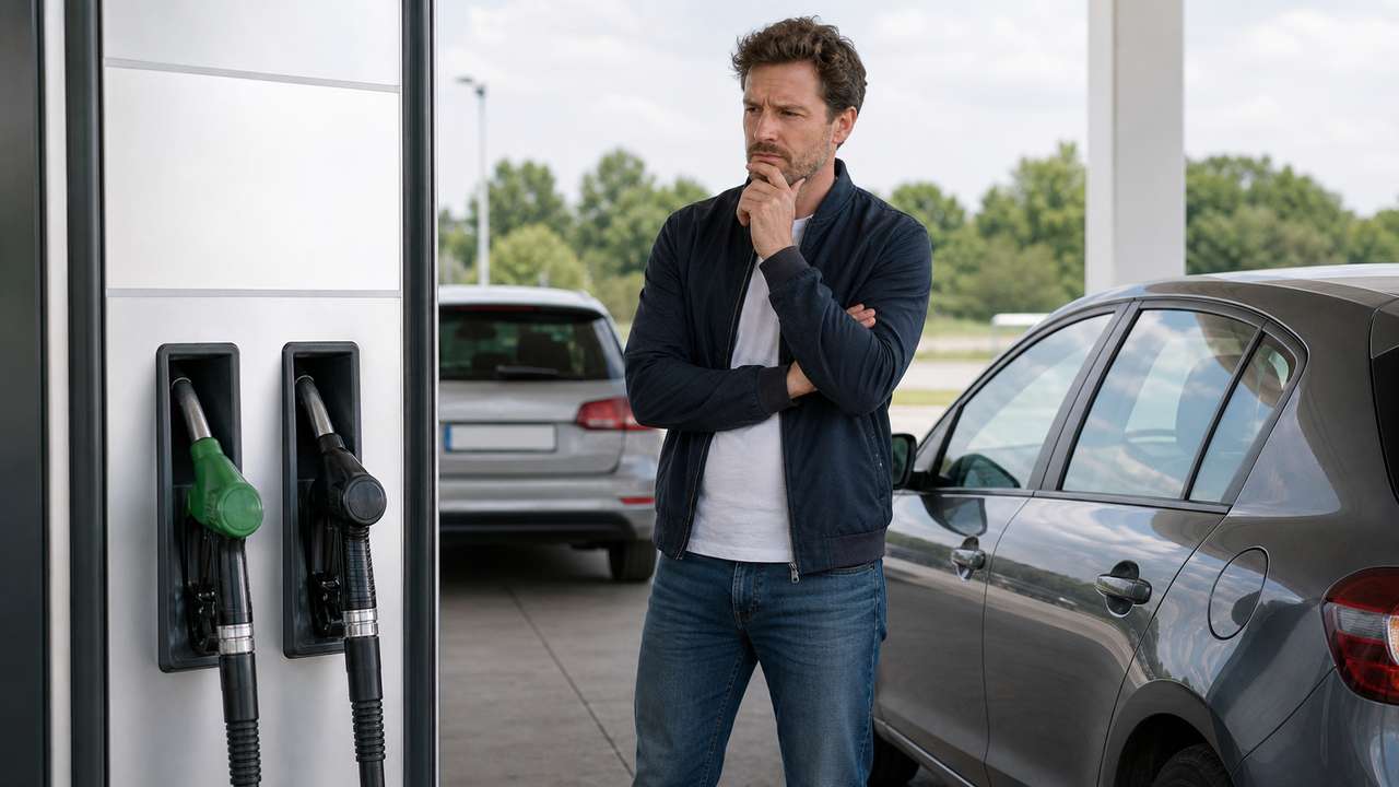 Autokäufer vergleicht Benzin und Diesel an einer neutralen Zapfsäule
