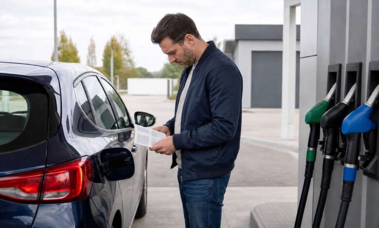 Autofahrer prüft vor dem Tanken die passende Benzinsorte E5 oder E10
