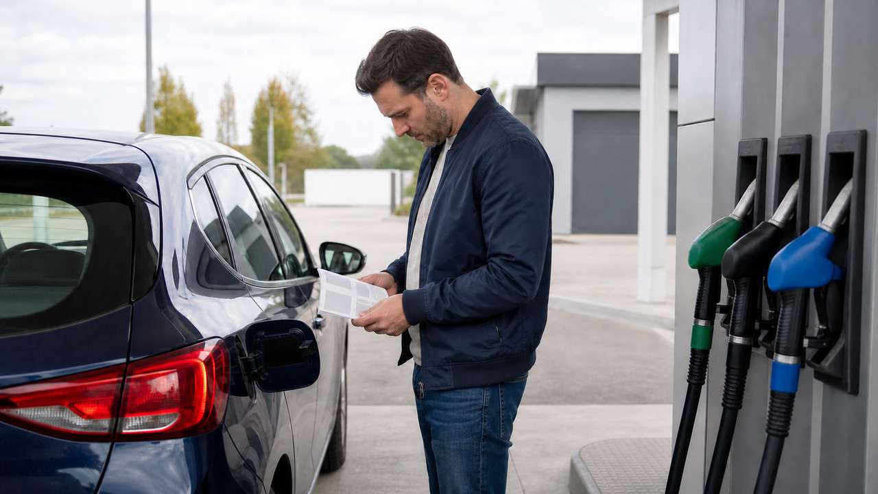 Autofahrer prüft vor dem Tanken die passende Benzinsorte E5 oder E10