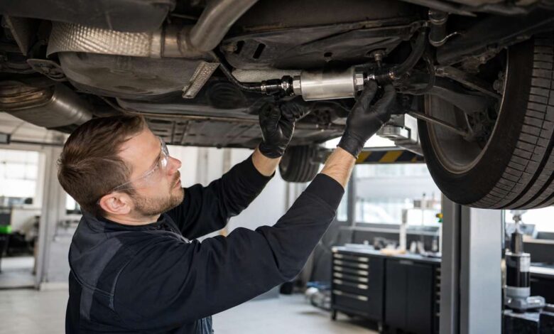 Mechaniker wechselt einen Benzinfilter am Fahrzeugunterboden