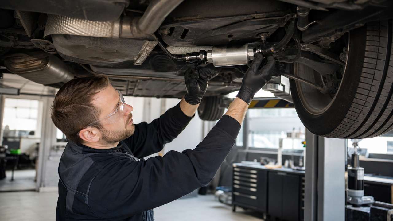 Mechaniker wechselt einen Benzinfilter am Fahrzeugunterboden