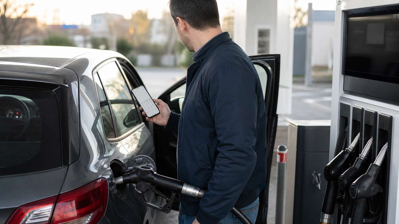 Benzinverbrauch berechnen: Fahrer notiert Kilometer und Tankmenge