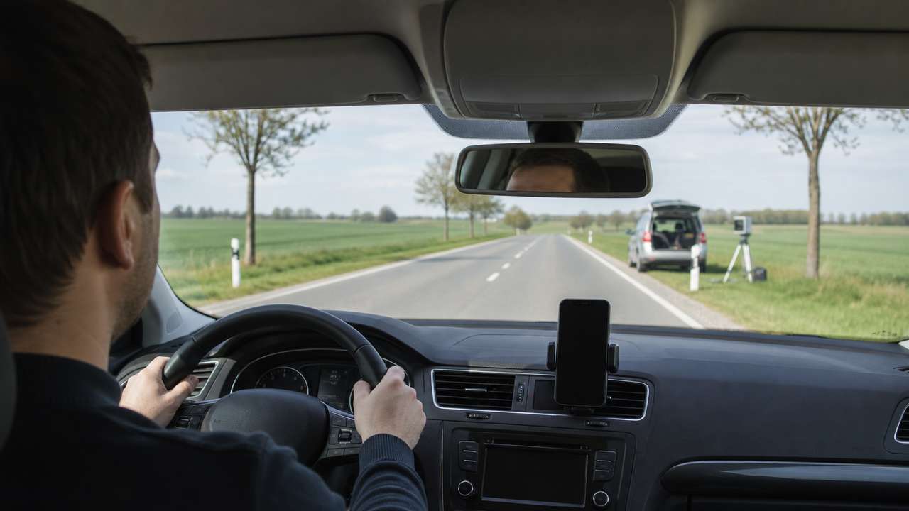 Autofahrer passiert eine Geschwindigkeitskontrolle mit dunklem Smartphone-Display